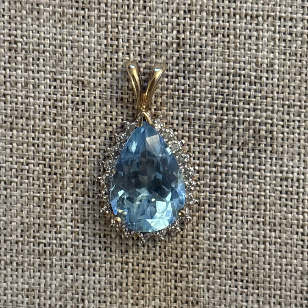 10K Yellow Gold Natural Teardrop Blue Topaz and Diamond Pendant